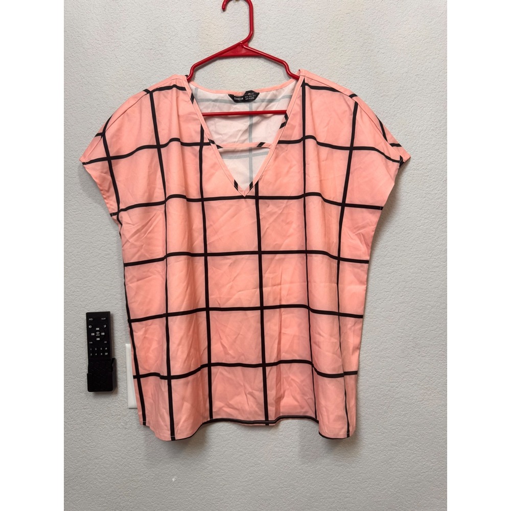 Shein XL Blouse Top Pink Black Plaid V Neck Short Sleeve‎ Casual